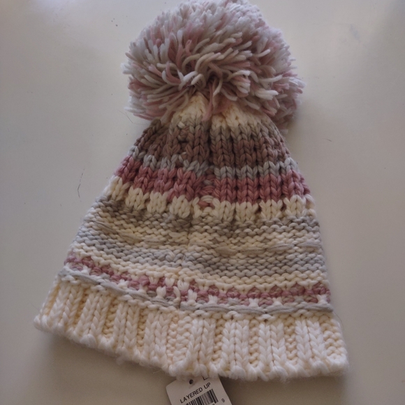 Inc International Concepts Colorblock Mega-Pom Beanie Ivory/Tan/Pink One Size - Picture 8 of 9